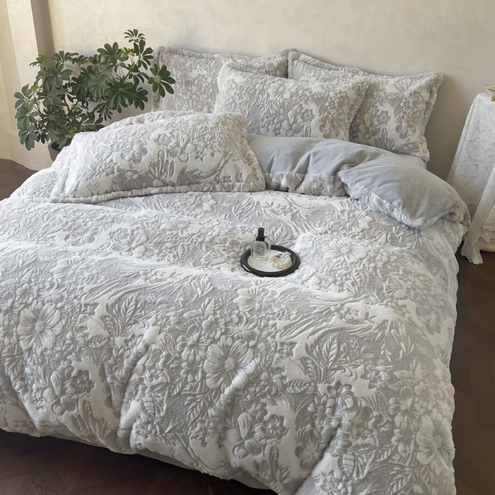 91家纺网 家纺一手货源 找家纺 昊川家纺 2025新款3D立体兔毛雕花四件套 锦梦-灰