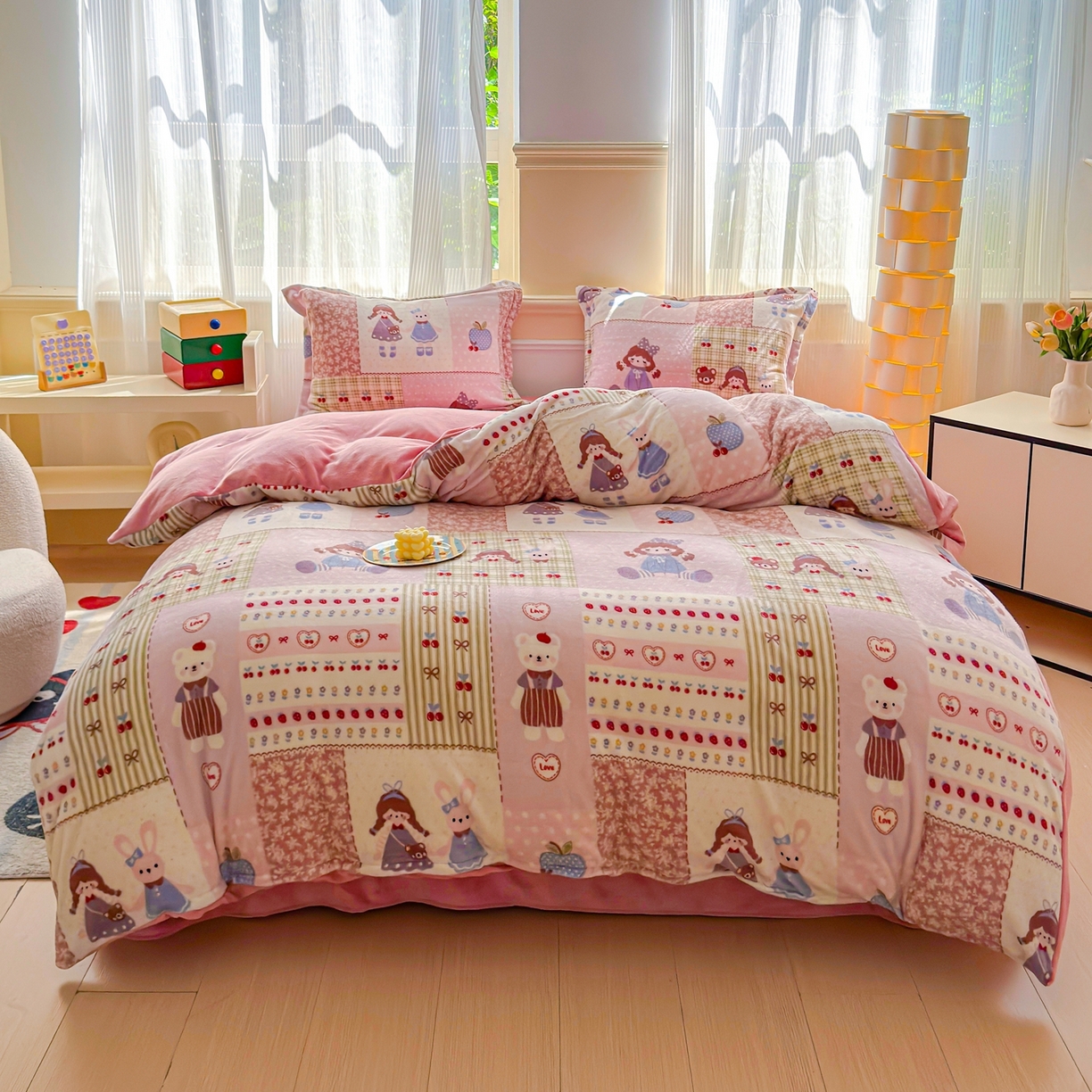 绒裕家纺 2025秋冬新款230克8.5斤金貂绒牛奶绒四件套床单被套直播热款四件套 快乐女孩