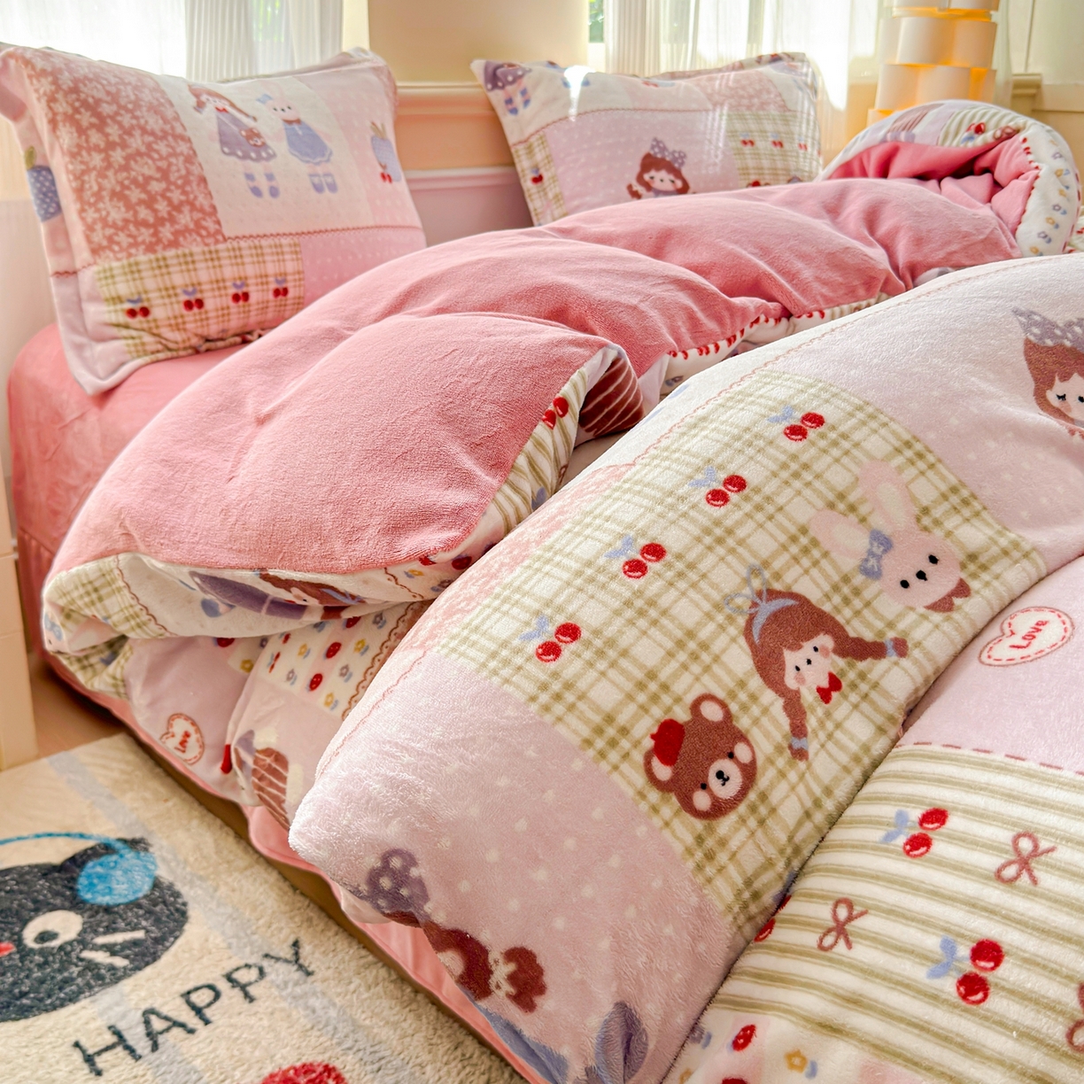 91家纺网 家纺一手货源 找家纺 绒裕家纺 2025秋冬新款230克8.5斤金貂绒牛奶绒四件套床单被套直播热款四件套 快乐女孩