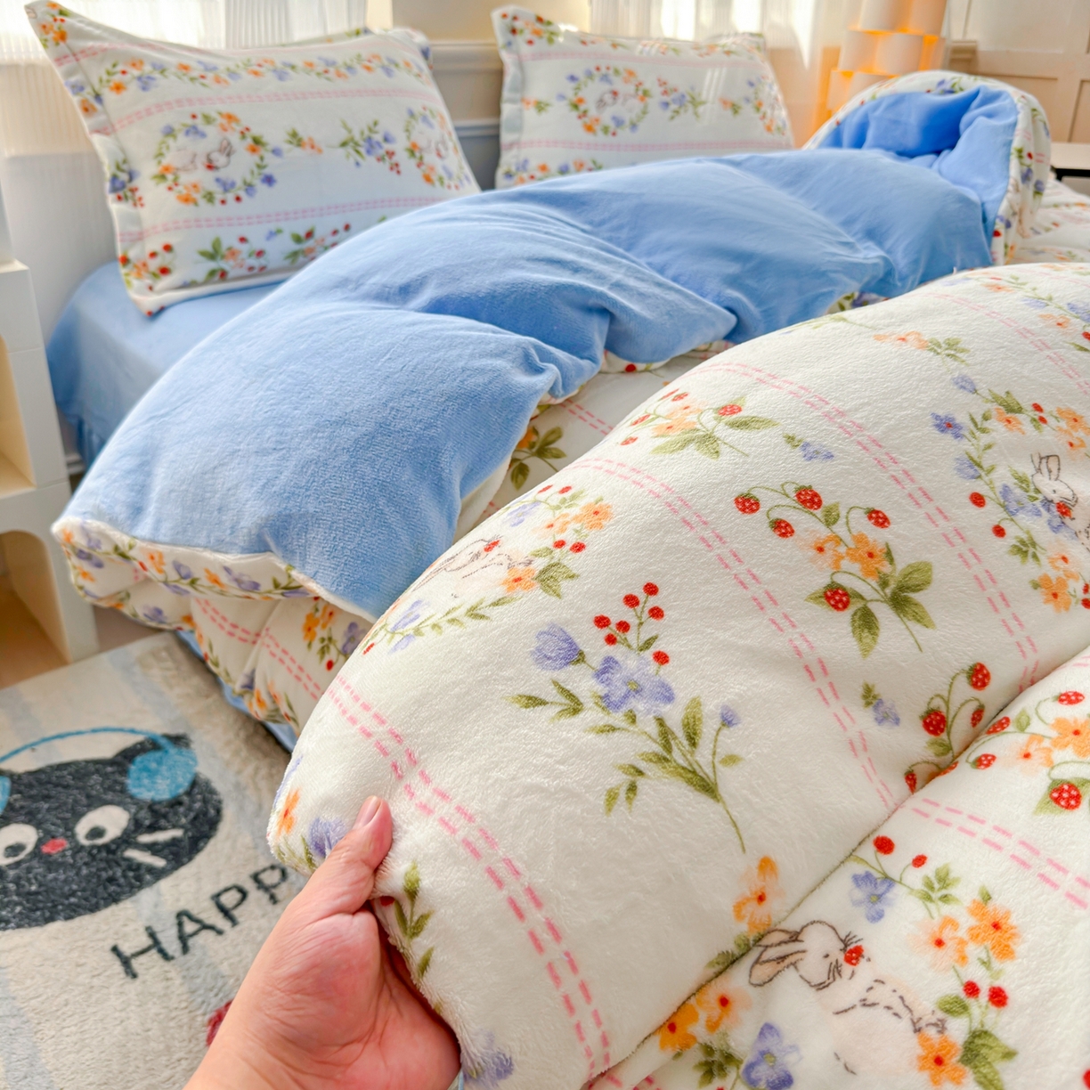 91家纺网 家纺一手货源 找家纺 绒裕家纺 2025秋冬新款230克8.5斤金貂绒牛奶绒四件套床单被套直播热款四件套 铃兰花语