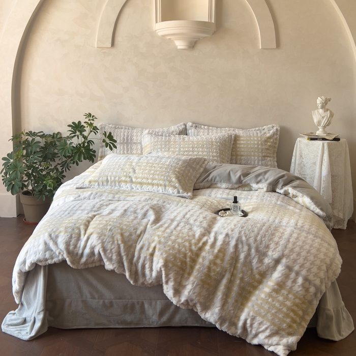 昊川家纺 2025新款3D立体兔毛雕花四件套 千鸟格-灰