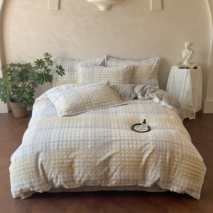 91家纺网 家纺一手货源 找家纺 昊川家纺 2025新款3D立体兔毛雕花四件套 千鸟格-灰