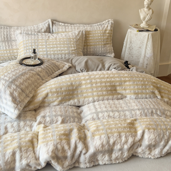 91家纺网 家纺一手货源 找家纺 昊川家纺 2025新款3D立体兔毛雕花四件套 千鸟格-灰