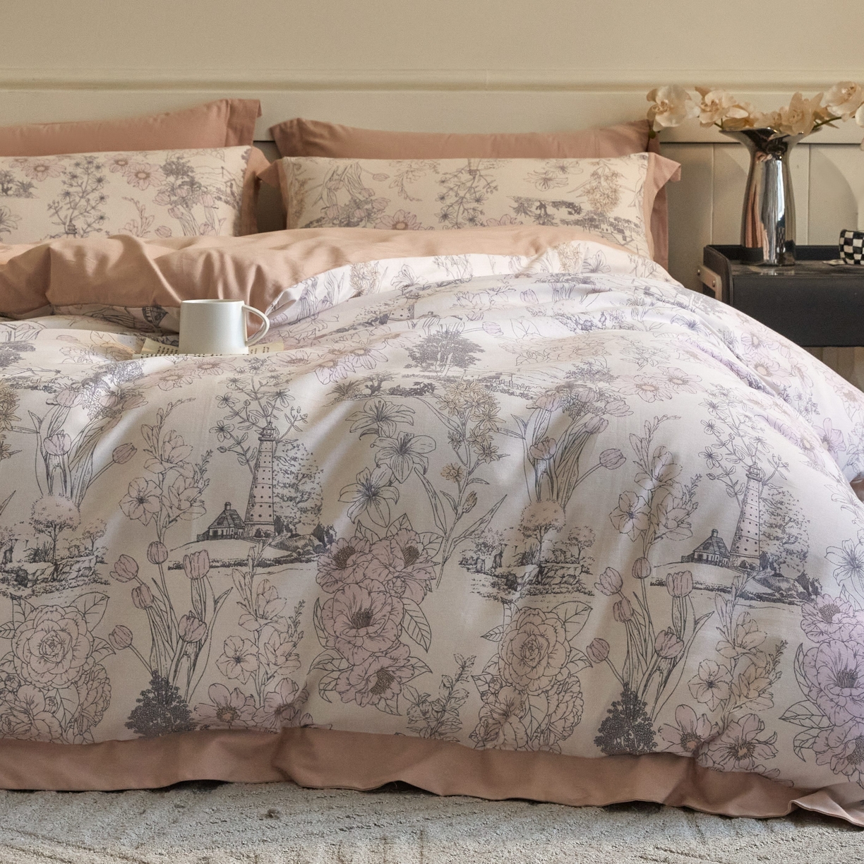 91家纺网 家纺一手货源 找家纺 慕晨 2025新款全棉纯棉磨毛轻奢数码印花直播热款四件套 美丽人生