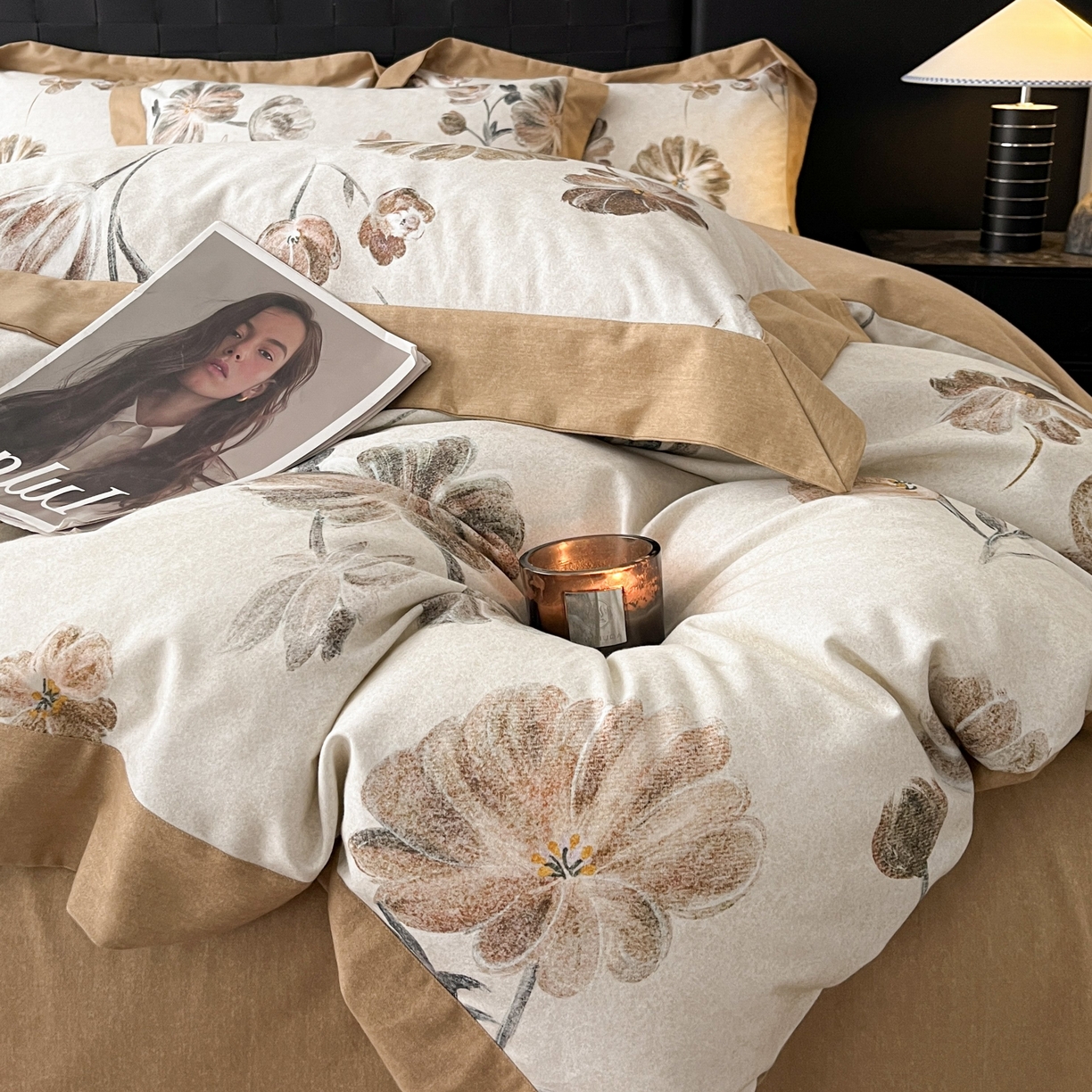 91家纺网 家纺一手货源 找家纺 慕晨 2025新款全棉纯棉磨毛轻奢数码印花直播热款四件套 木槿怡人