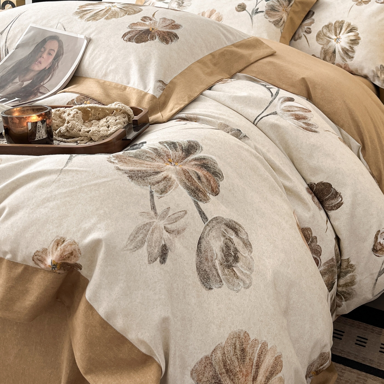 91家纺网 家纺一手货源 找家纺 慕晨 2025新款全棉纯棉磨毛轻奢数码印花直播热款四件套 木槿怡人