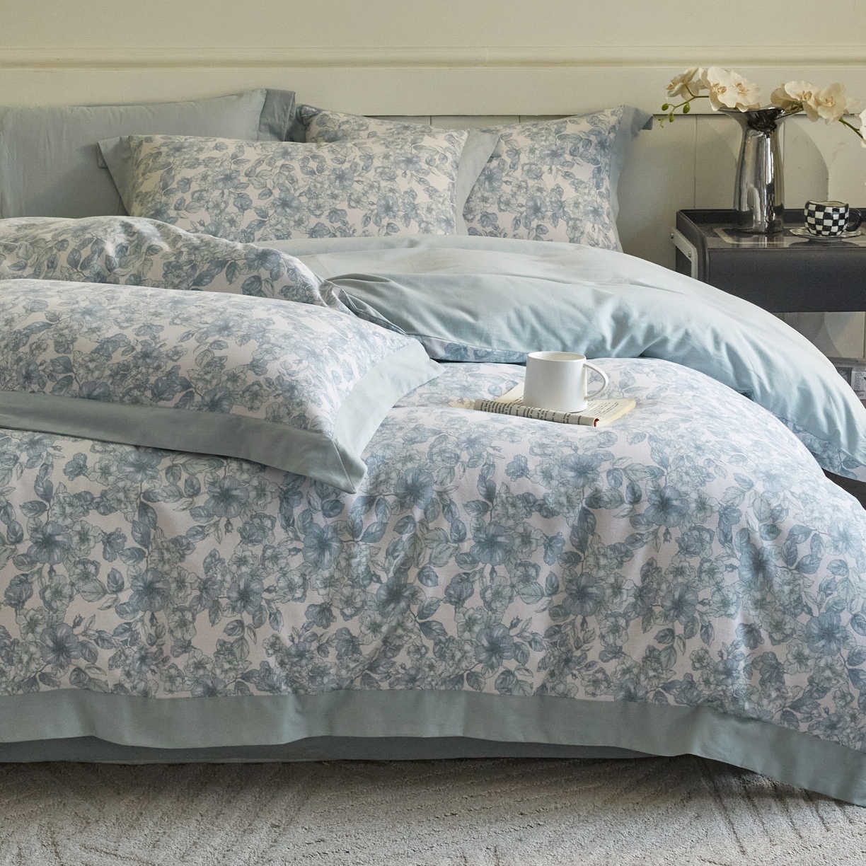 91家纺网 家纺一手货源 找家纺 慕晨 2025新款全棉纯棉磨毛轻奢数码印花直播热款四件套 轻轻丝语-蓝