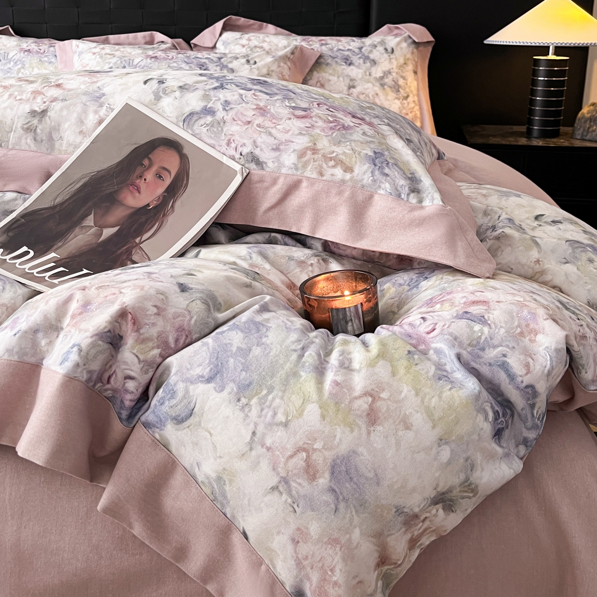 91家纺网 家纺一手货源 找家纺 慕晨 2025新款全棉纯棉磨毛轻奢数码印花直播热款四件套 蕊莳