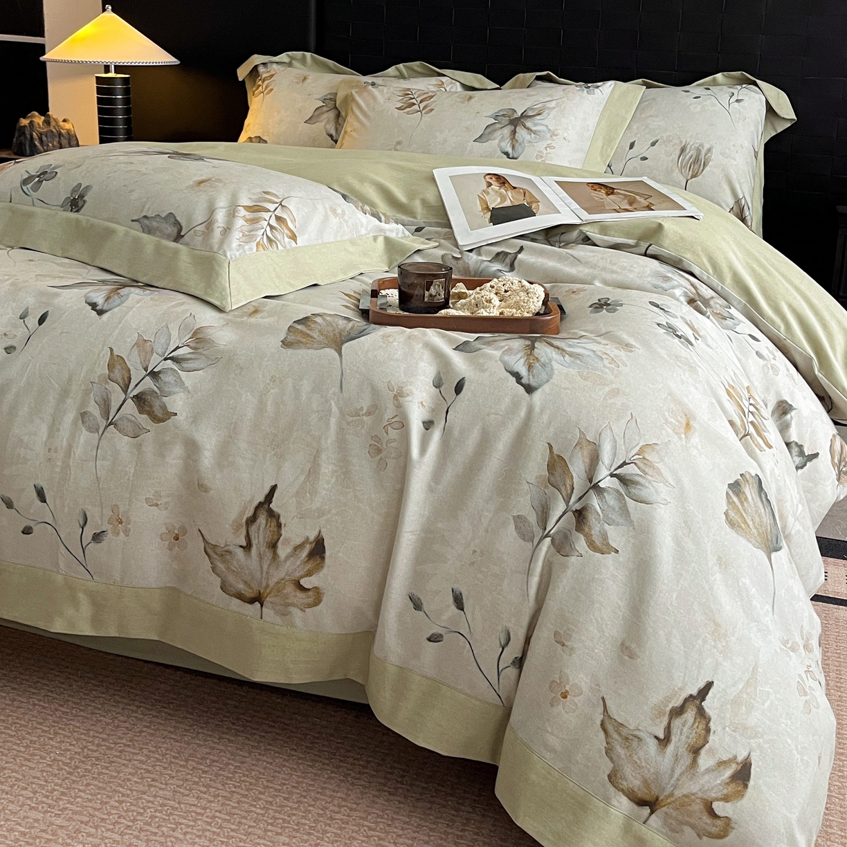 91家纺网 家纺一手货源 找家纺 慕晨 2025新款全棉纯棉磨毛轻奢数码印花直播热款四件套 衫叶