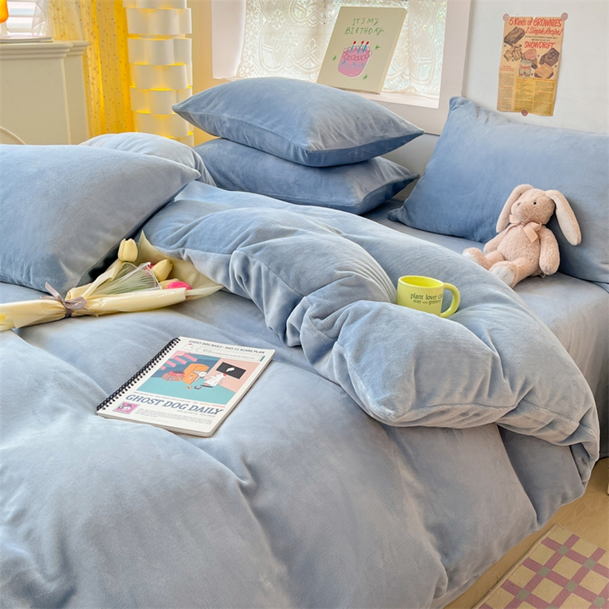 91家纺网 家纺一手货源 找家纺 绒裕家纺 2025秋冬新款230克8.5斤金貂绒牛奶绒四件套床单被套直播热款四件套 奶蓝