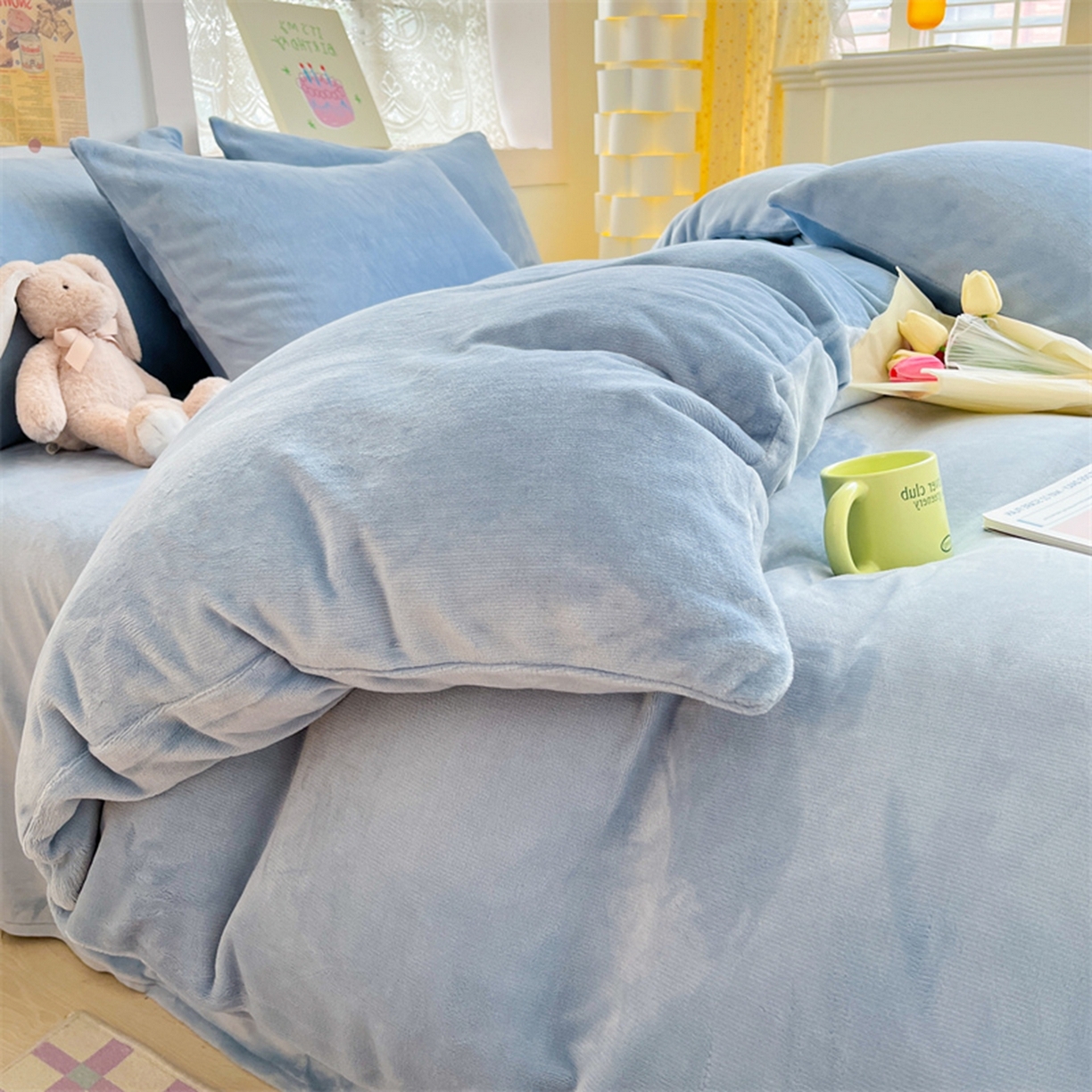 91家纺网 家纺一手货源 找家纺 绒裕家纺 2025秋冬新款230克8.5斤金貂绒牛奶绒四件套床单被套直播热款四件套 奶蓝