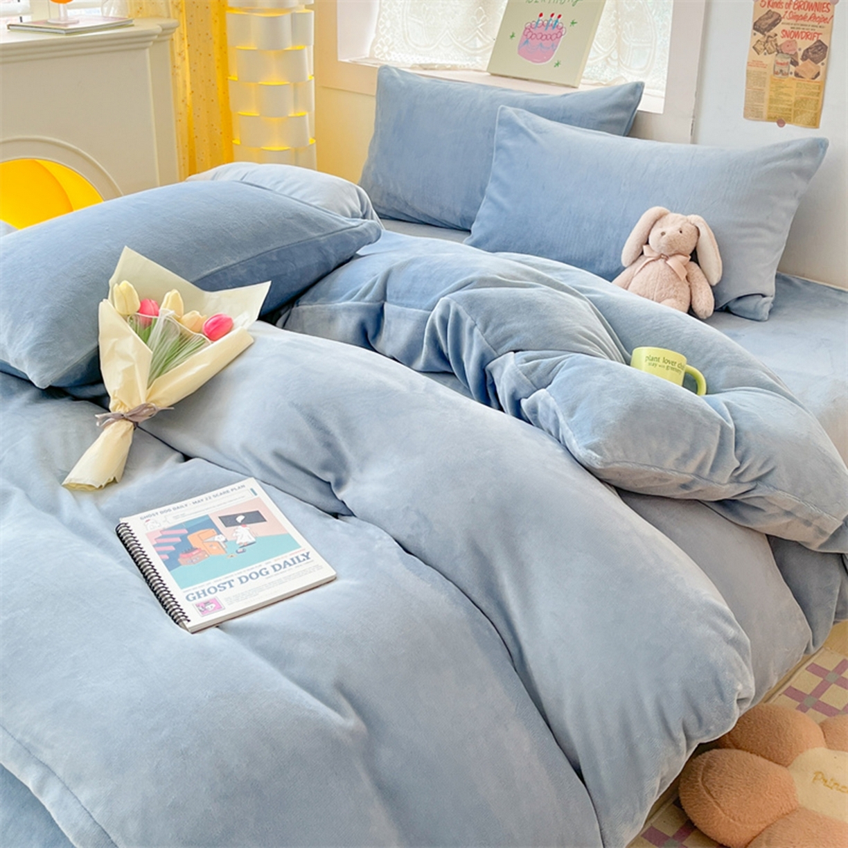 91家纺网 家纺一手货源 找家纺 绒裕家纺 2025秋冬新款230克8.5斤金貂绒牛奶绒四件套床单被套直播热款四件套 奶蓝