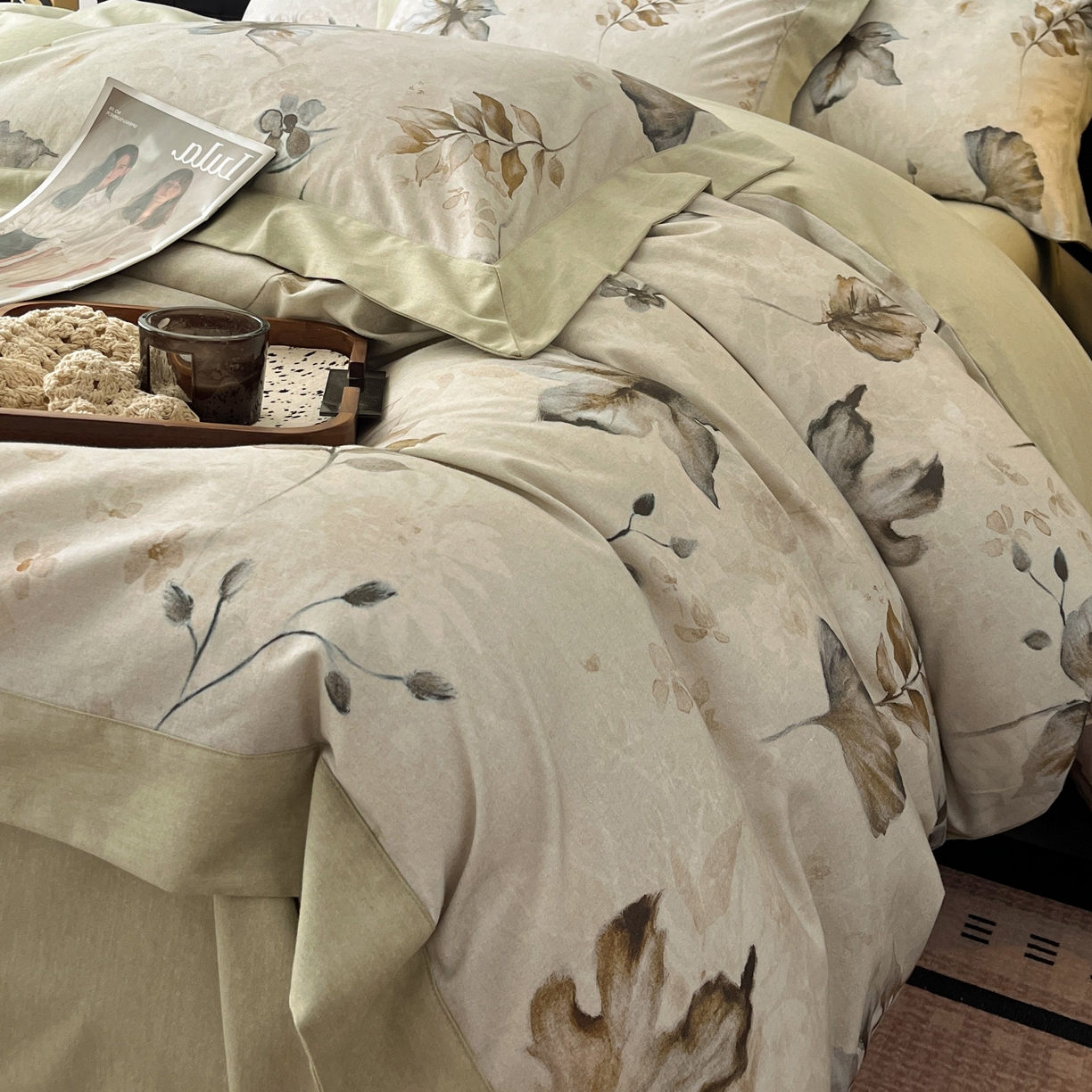 91家纺网 家纺一手货源 找家纺 慕晨 2025新款全棉纯棉磨毛轻奢数码印花直播热款四件套 衫叶