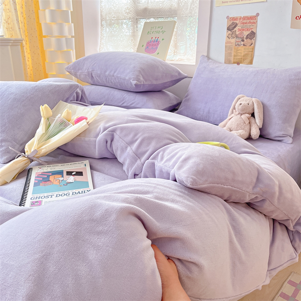 91家纺网 家纺一手货源 找家纺 绒裕家纺 2025秋冬新款230克8.5斤金貂绒牛奶绒四件套床单被套直播热款四件套 浅紫