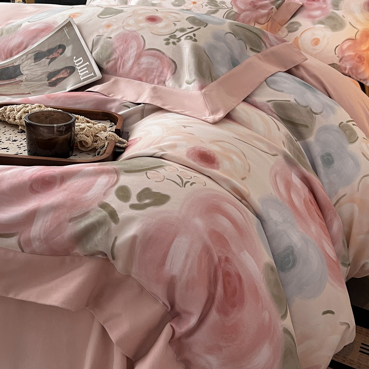 91家纺网 家纺一手货源 找家纺 慕晨 2025新款全棉纯棉磨毛轻奢数码印花直播热款四件套 桃汐