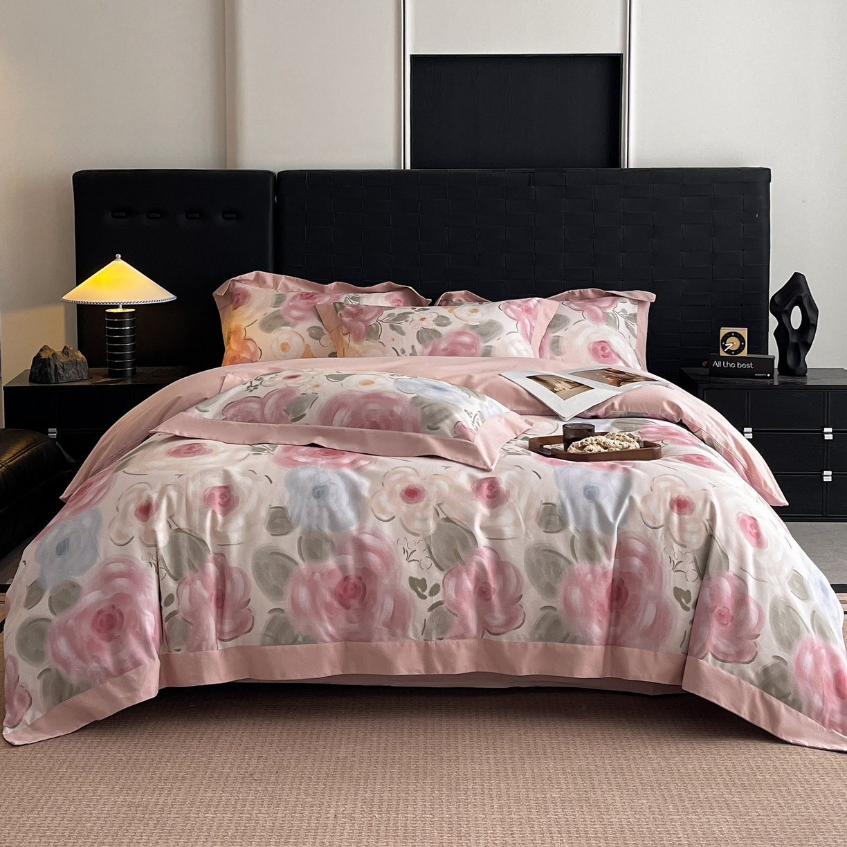 91家纺网 家纺一手货源 找家纺 慕晨 2025新款全棉纯棉磨毛轻奢数码印花直播热款四件套 桃汐