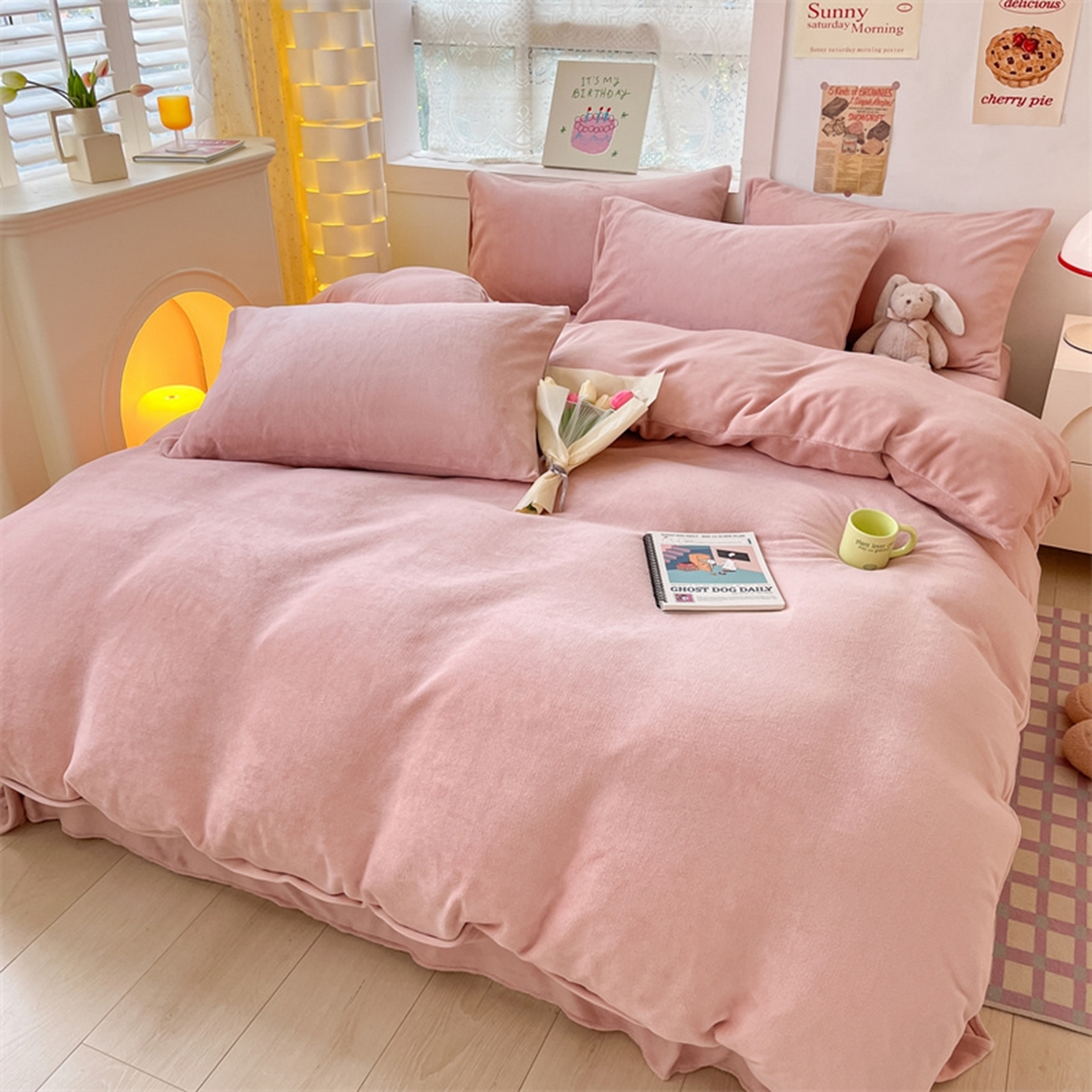 绒裕家纺 2025秋冬新款230克8.5斤金貂绒牛奶绒四件套床单被套直播热款四件套 樱花粉