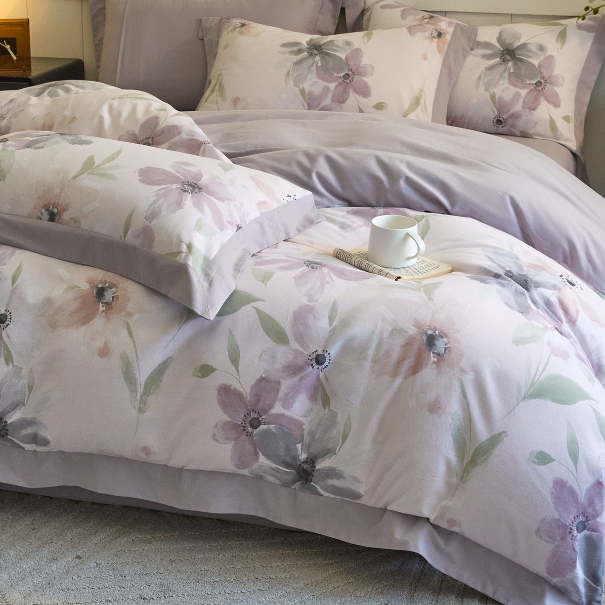 91家纺网 家纺一手货源 找家纺 慕晨 2025新款全棉纯棉磨毛轻奢数码印花直播热款四件套 叶颜