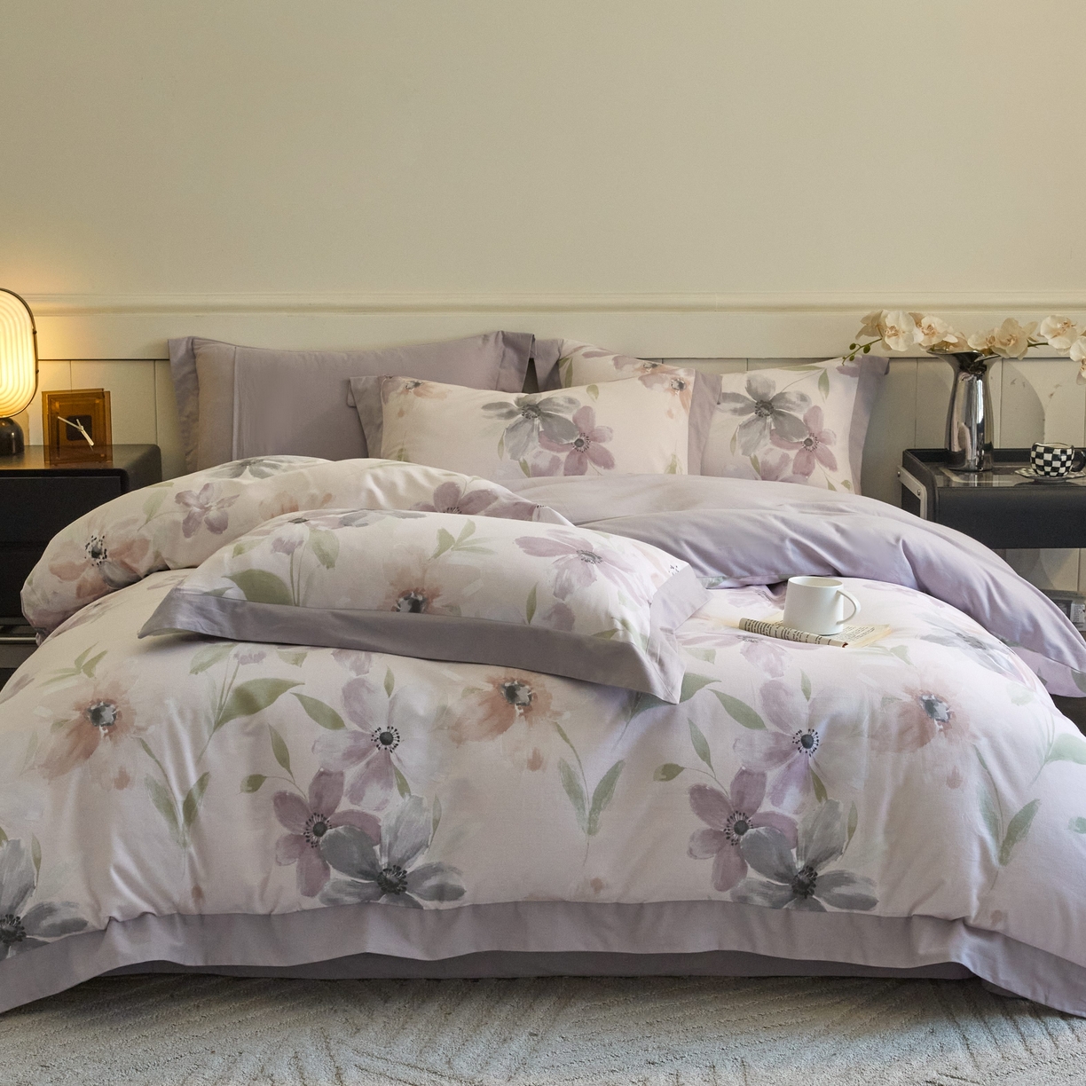 91家纺网 家纺一手货源 找家纺 慕晨 2025新款全棉纯棉磨毛轻奢数码印花直播热款四件套 叶颜