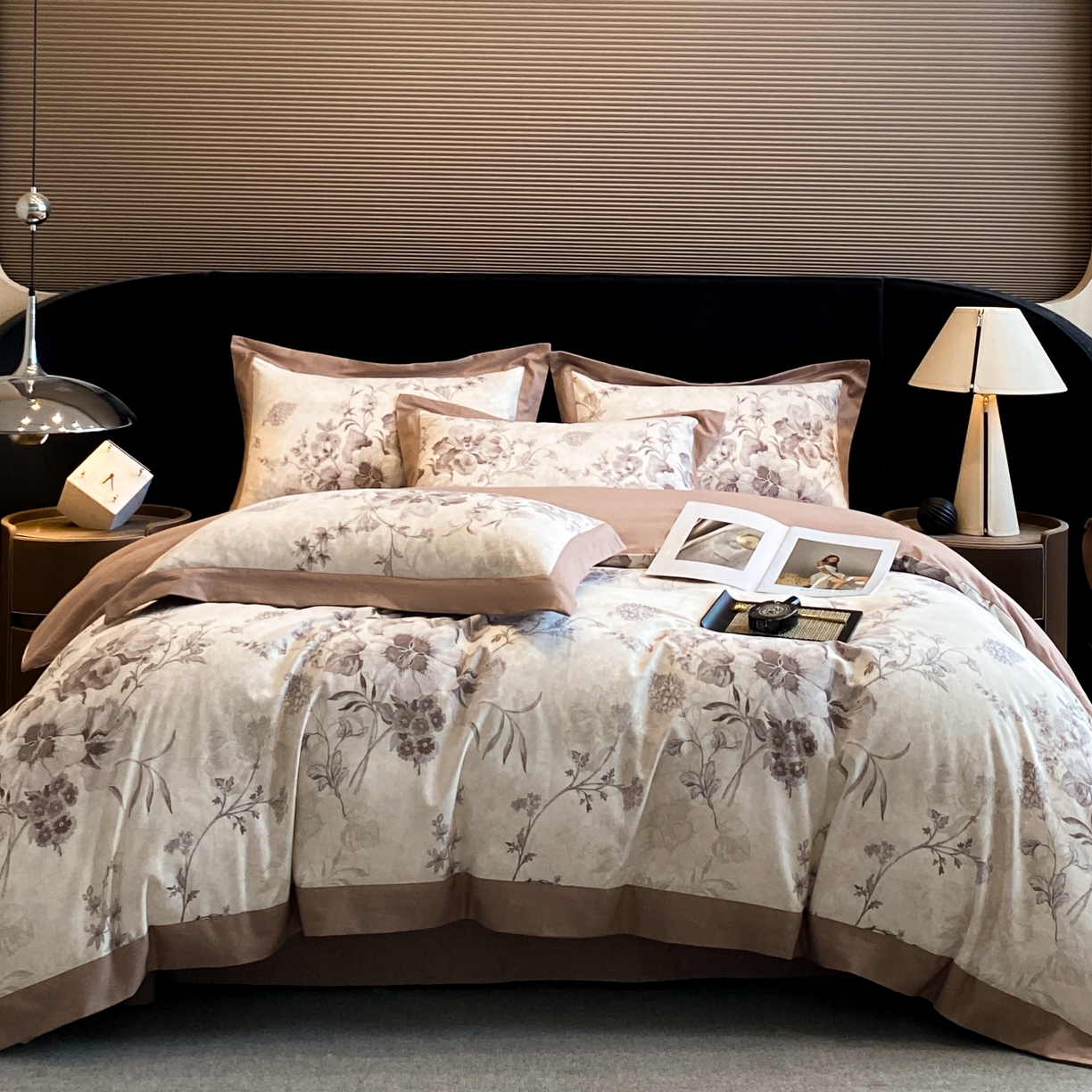 91家纺网 家纺一手货源 找家纺 慕晨 2025新款全棉纯棉磨毛轻奢数码印花直播热款四件套 远黛-灰