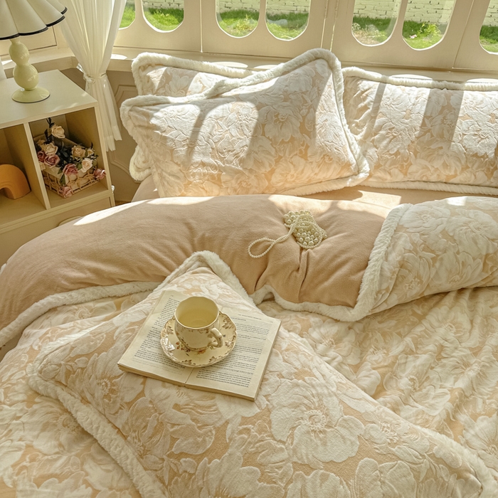 91家纺网 家纺一手货源 找家纺 昊川家纺 2025新款小清新牛奶绒雕花图毛绒包边系列四件套 暖杏花语