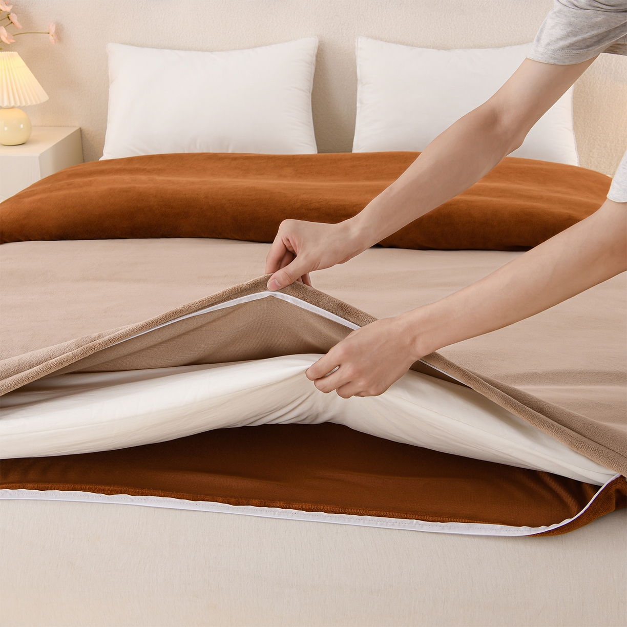 91家纺网 家纺一手货源 找家纺 锦逸家居 2025新款亲肤舒适牛奶绒羽丝棉冬被被子被芯 米驼+深棕