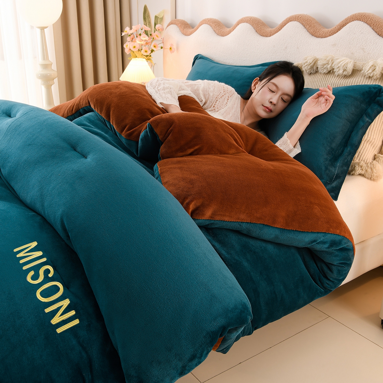 锦逸家居 2025新款亲肤舒适牛奶绒羽丝棉冬被被子被芯 墨绿+深棕