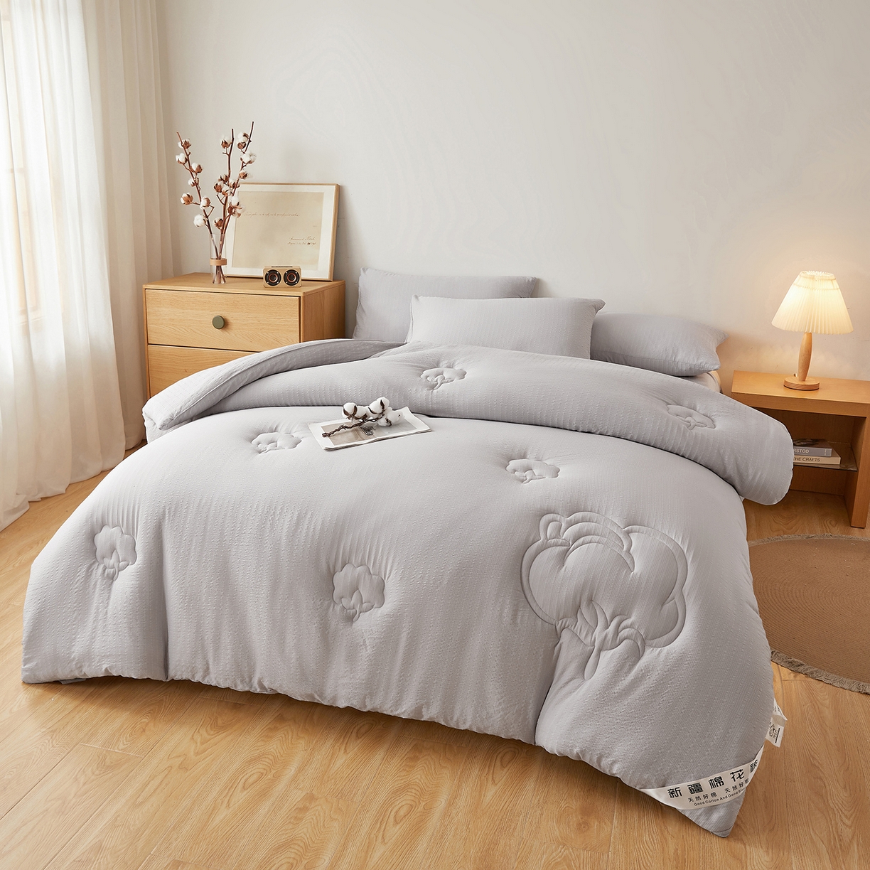 91家纺网 家纺一手货源 找家纺 晓时候 2025新款泡泡纱新疆棉花被冬被春秋被被子被芯四季空调被 初棉-淡雅灰