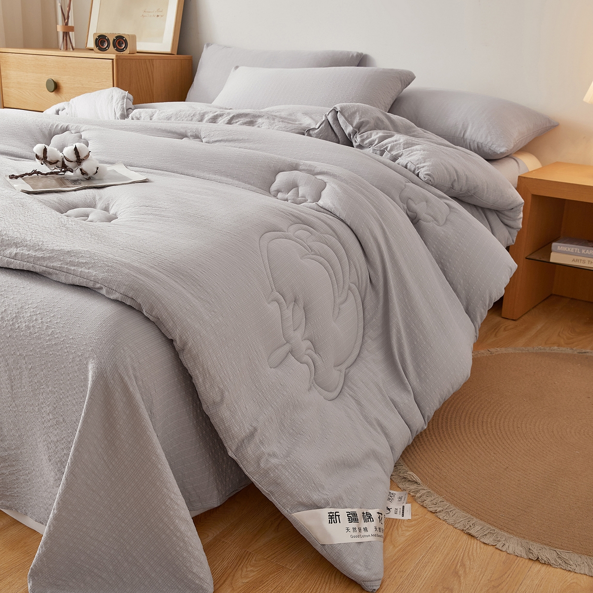 91家纺网 家纺一手货源 找家纺 晓时候 2025新款泡泡纱新疆棉花被冬被春秋被被子被芯四季空调被 初棉-淡雅灰