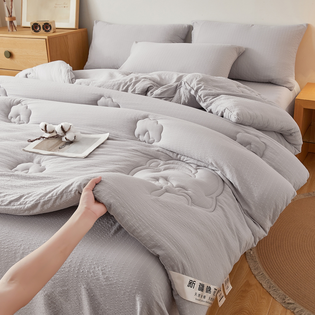91家纺网 家纺一手货源 找家纺 晓时候 2025新款泡泡纱新疆棉花被冬被春秋被被子被芯四季空调被 初棉-淡雅灰