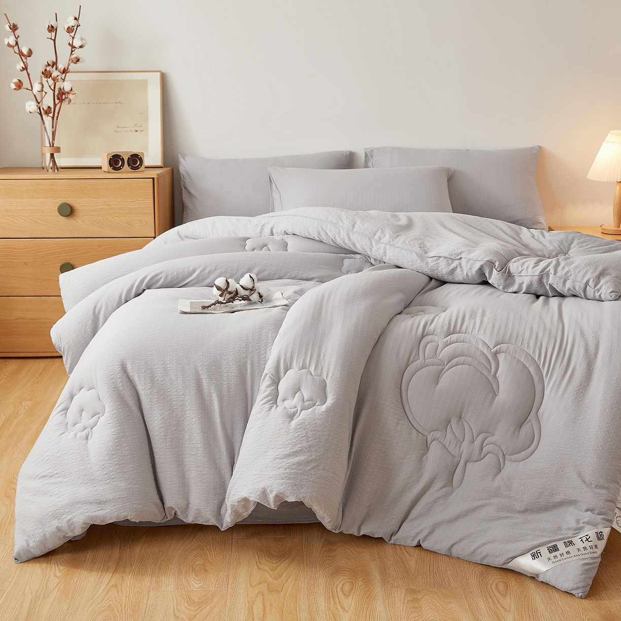 91家纺网 家纺一手货源 找家纺 晓时候 2025新款泡泡纱新疆棉花被冬被春秋被被子被芯四季空调被 初棉-淡雅灰