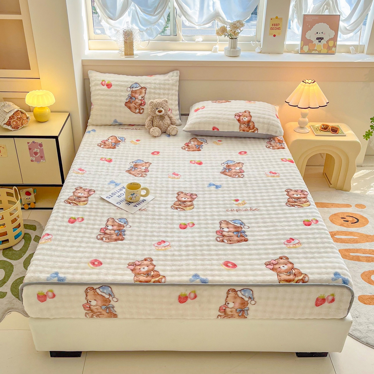 91家纺网 家纺一手货源 找家纺 慕梵家居 2025新款泡泡绒床笠泡泡兔绒床罩外贸可以定做尺寸单品床笠单件床笠 抱抱熊