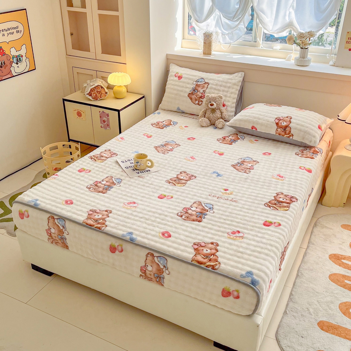 91家纺网 家纺一手货源 找家纺 慕梵家居 2025新款泡泡绒床笠泡泡兔绒床罩外贸可以定做尺寸单品床笠单件床笠 抱抱熊