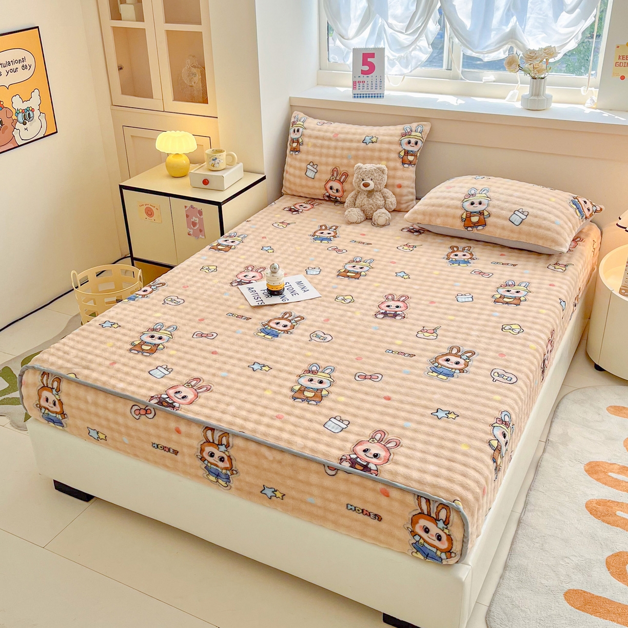 91家纺网 家纺一手货源 找家纺 慕梵家居 2025新款泡泡绒床笠泡泡兔绒床罩外贸可以定做尺寸单品床笠单件床笠 潮玩布布-咖