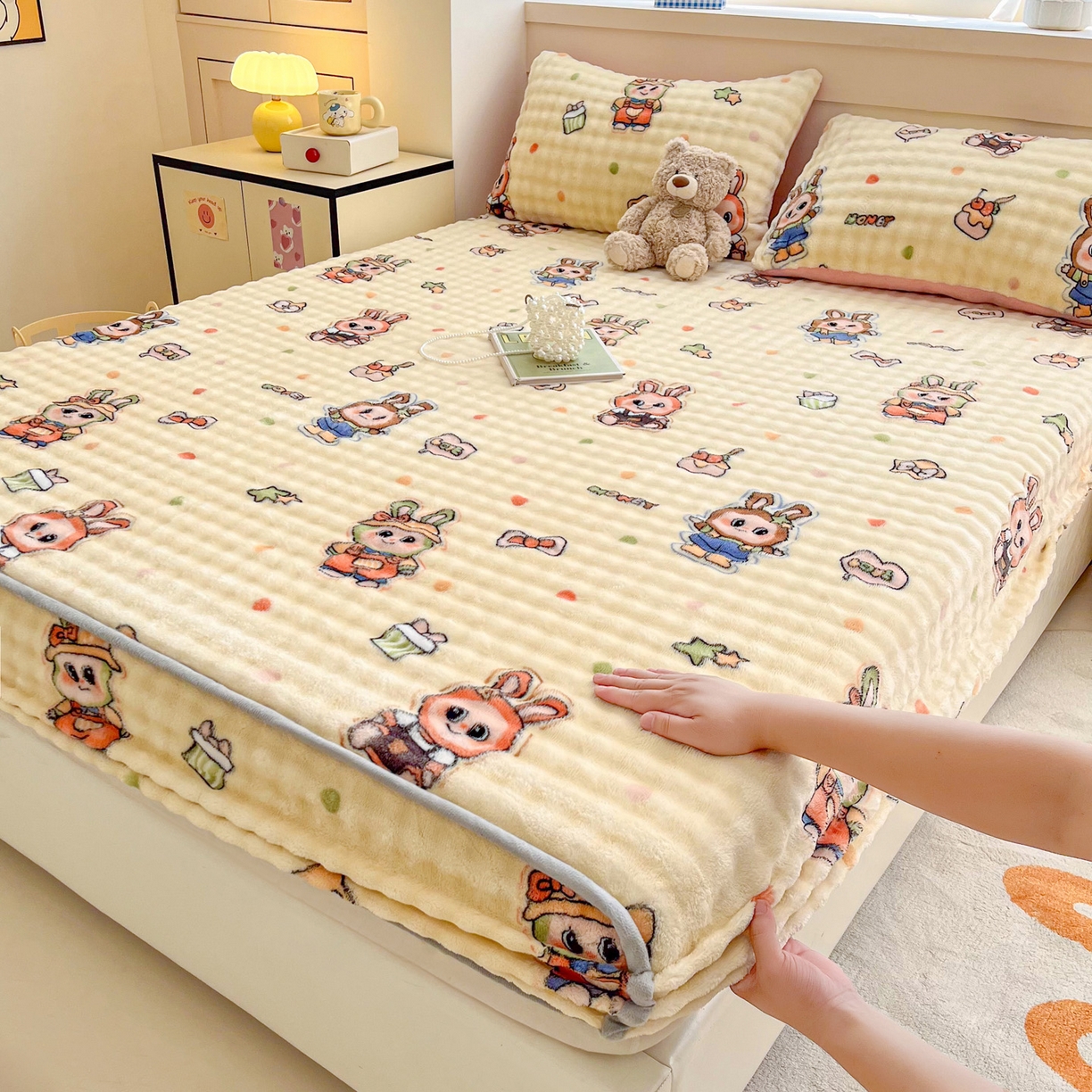 慕梵家居 2025新款泡泡绒床笠泡泡兔绒床罩外贸可以定做尺寸单品床笠单件床笠 潮玩布布-米