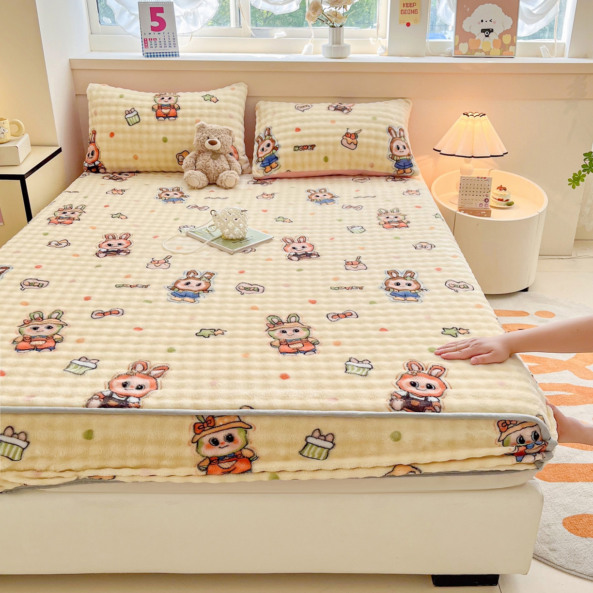 91家纺网 家纺一手货源 找家纺 慕梵家居 2025新款泡泡绒床笠泡泡兔绒床罩外贸可以定做尺寸单品床笠单件床笠 潮玩布布-米