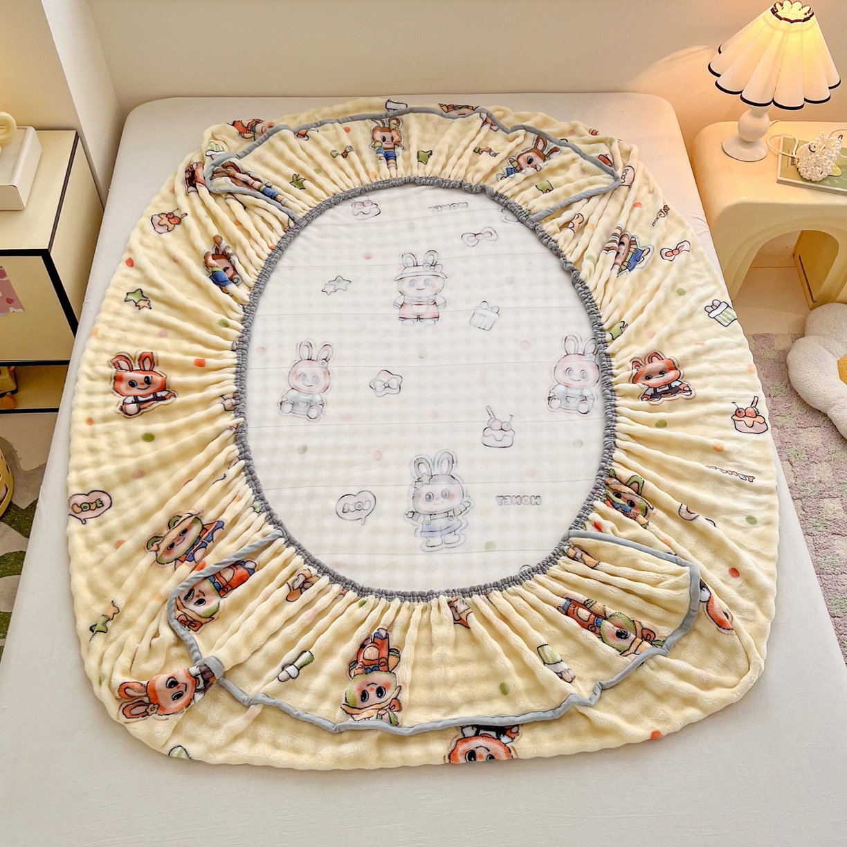 91家纺网 家纺一手货源 找家纺 慕梵家居 2025新款泡泡绒床笠泡泡兔绒床罩外贸可以定做尺寸单品床笠单件床笠 潮玩布布-米