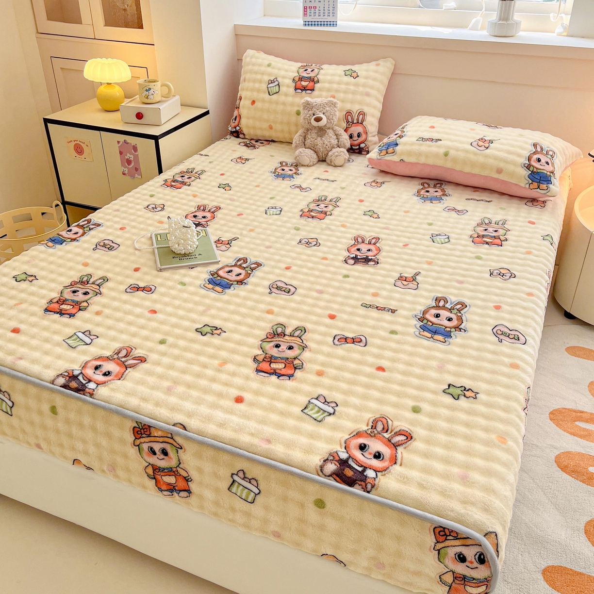 91家纺网 家纺一手货源 找家纺 慕梵家居 2025新款泡泡绒床笠泡泡兔绒床罩外贸可以定做尺寸单品床笠单件床笠 潮玩布布-米