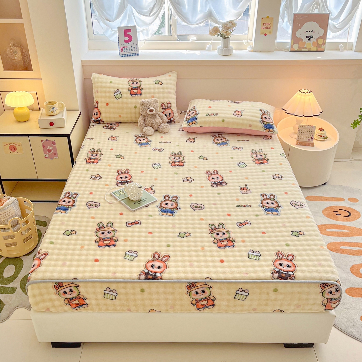 91家纺网 家纺一手货源 找家纺 慕梵家居 2025新款泡泡绒床笠泡泡兔绒床罩外贸可以定做尺寸单品床笠单件床笠 潮玩布布-米