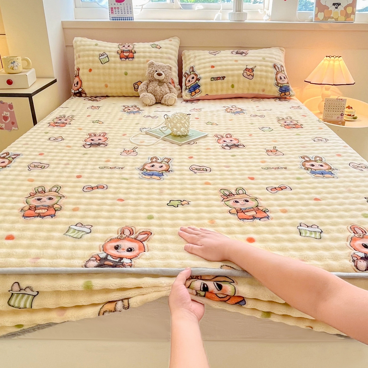 91家纺网 家纺一手货源 找家纺 慕梵家居 2025新款泡泡绒床笠泡泡兔绒床罩外贸可以定做尺寸单品床笠单件床笠 潮玩布布-米