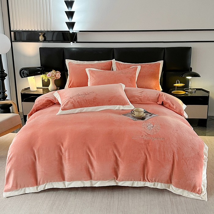 梓之赫 2025新款全消光雕花绒牛奶绒刺绣四件套-香颂 香颂-橘色