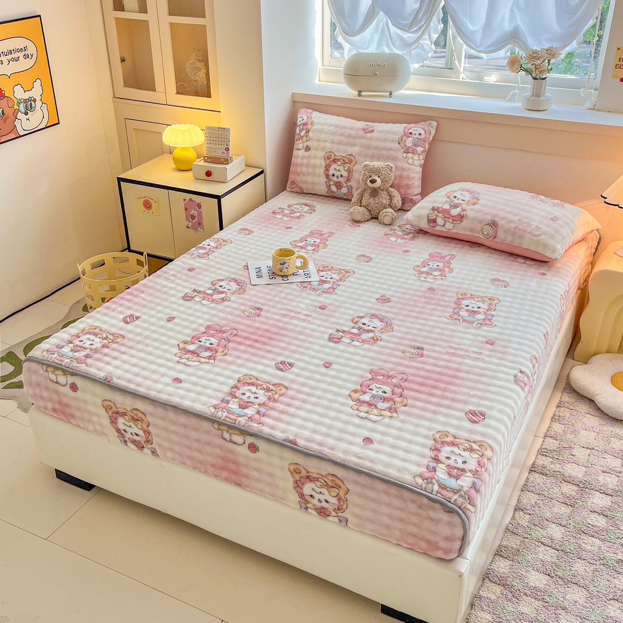 91家纺网 家纺一手货源 找家纺 慕梵家居 2025新款泡泡绒床笠泡泡兔绒床罩外贸可以定做尺寸单品床笠单件床笠 开心喵喵