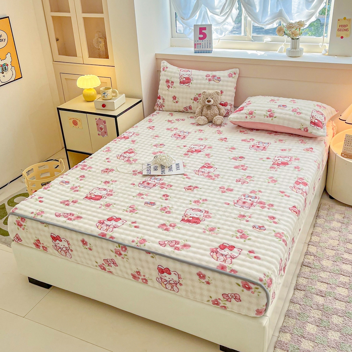 91家纺网 家纺一手货源 找家纺 慕梵家居 2025新款泡泡绒床笠泡泡兔绒床罩外贸可以定做尺寸单品床笠单件床笠 凯特猫