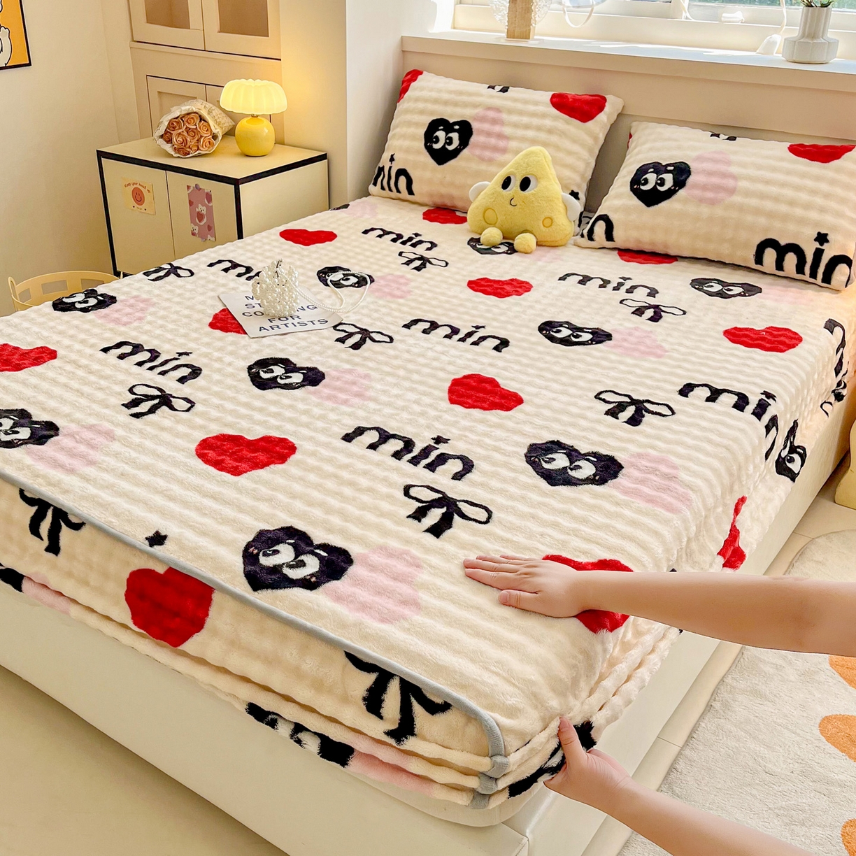 慕梵家居 2025新款泡泡绒床笠泡泡兔绒床罩外贸可以定做尺寸单品床笠单件床笠 迷你爱心