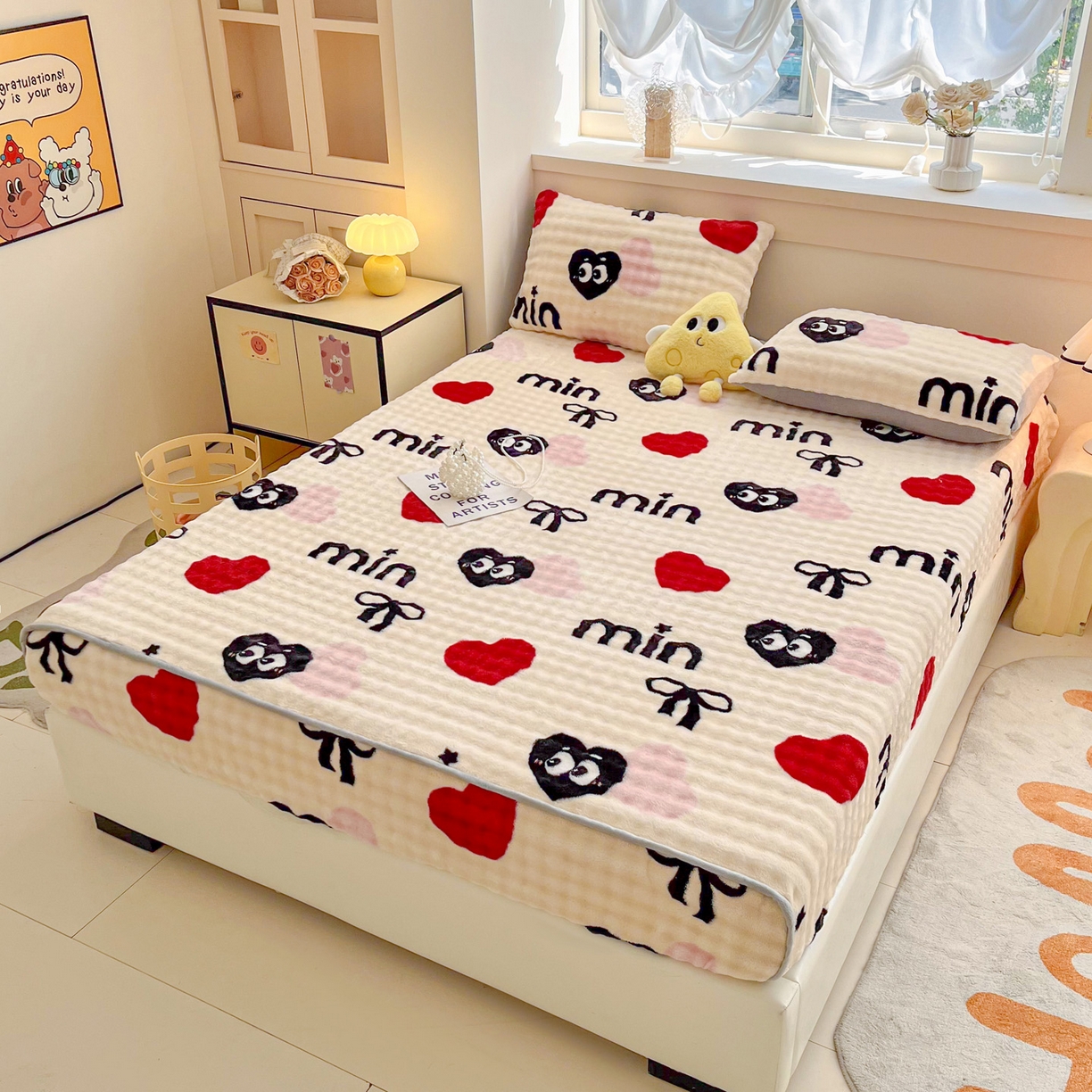 91家纺网 家纺一手货源 找家纺 慕梵家居 2025新款泡泡绒床笠泡泡兔绒床罩外贸可以定做尺寸单品床笠单件床笠 迷你爱心