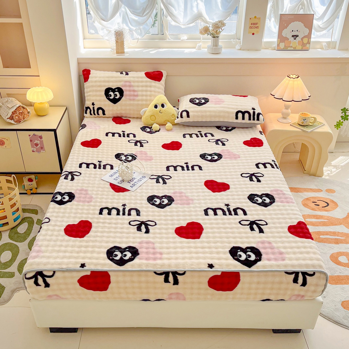 91家纺网 家纺一手货源 找家纺 慕梵家居 2025新款泡泡绒床笠泡泡兔绒床罩外贸可以定做尺寸单品床笠单件床笠 迷你爱心