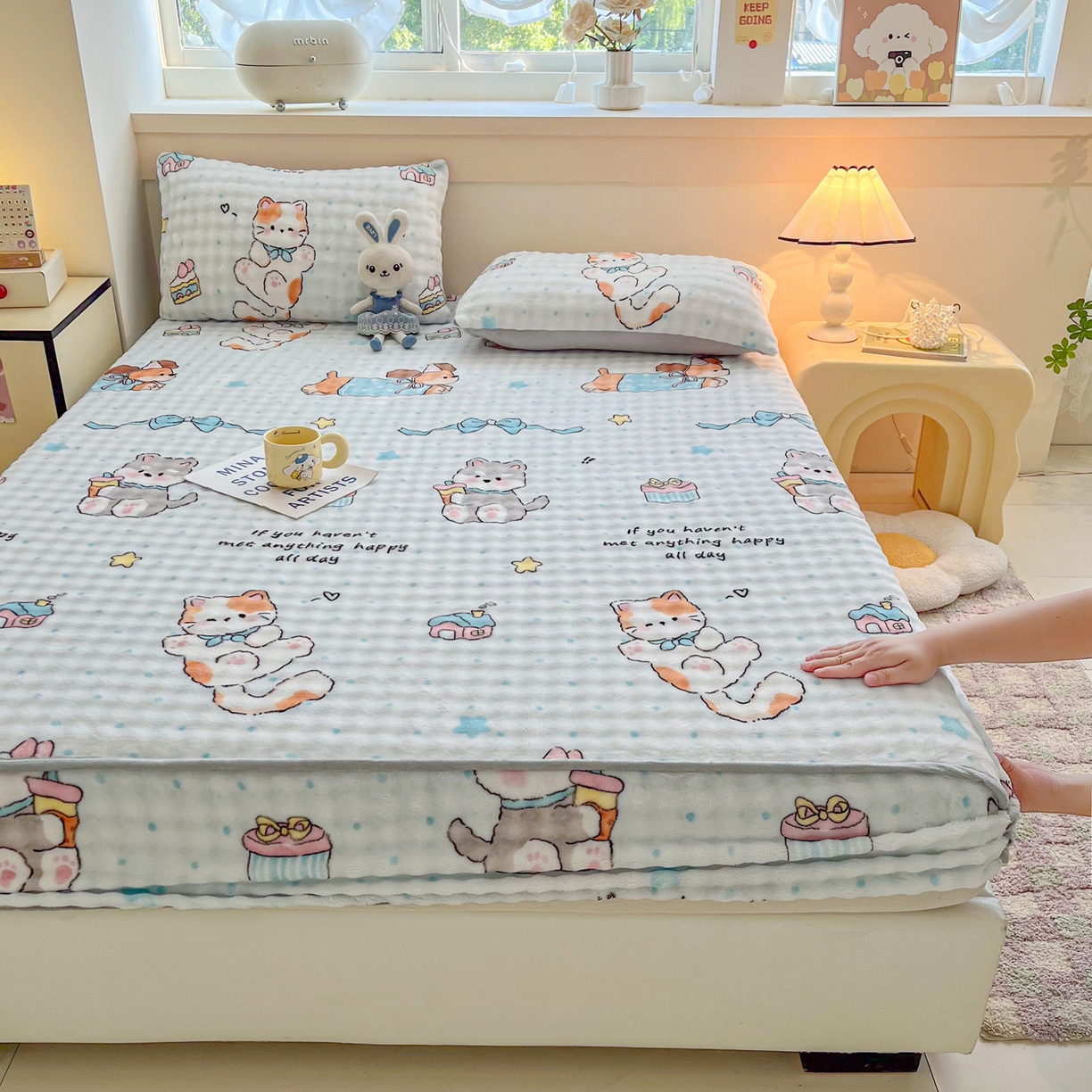 91家纺网 家纺一手货源 找家纺 慕梵家居 2025新款泡泡绒床笠泡泡兔绒床罩外贸可以定做尺寸单品床笠单件床笠 奶瓶萌犬