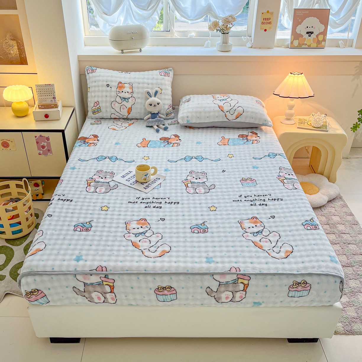 91家纺网 家纺一手货源 找家纺 慕梵家居 2025新款泡泡绒床笠泡泡兔绒床罩外贸可以定做尺寸单品床笠单件床笠 奶瓶萌犬