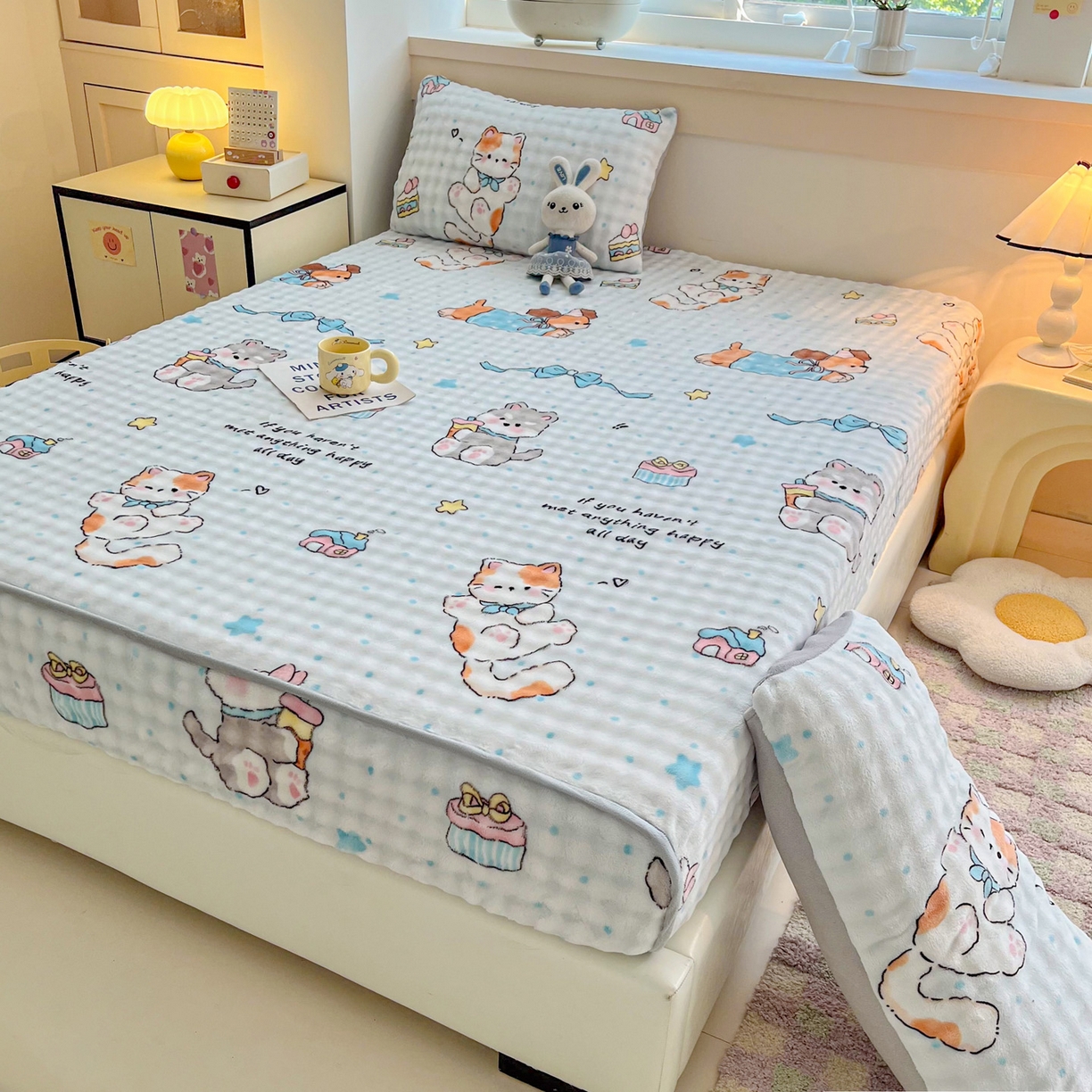 91家纺网 家纺一手货源 找家纺 慕梵家居 2025新款泡泡绒床笠泡泡兔绒床罩外贸可以定做尺寸单品床笠单件床笠 奶瓶萌犬