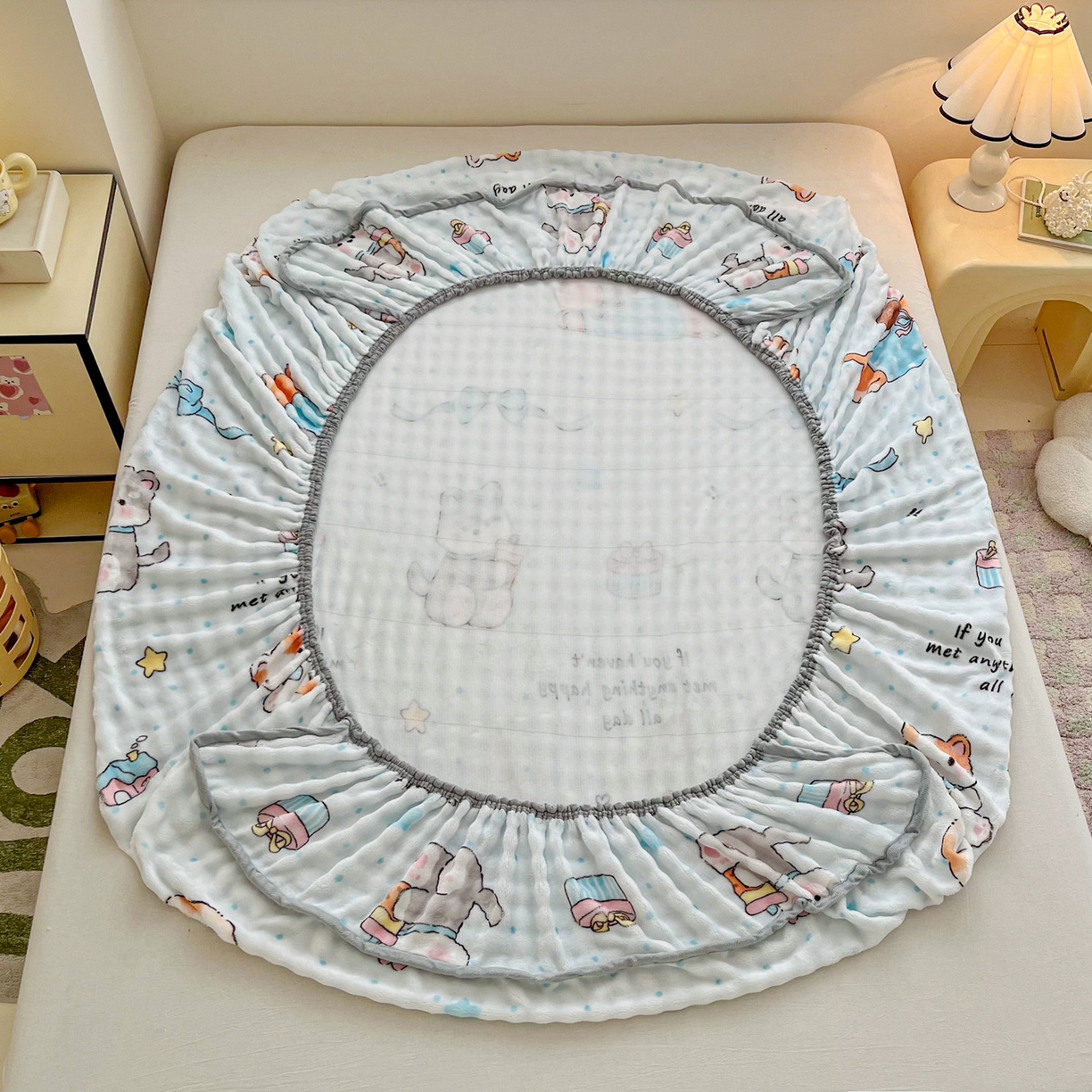 91家纺网 家纺一手货源 找家纺 慕梵家居 2025新款泡泡绒床笠泡泡兔绒床罩外贸可以定做尺寸单品床笠单件床笠 奶瓶萌犬